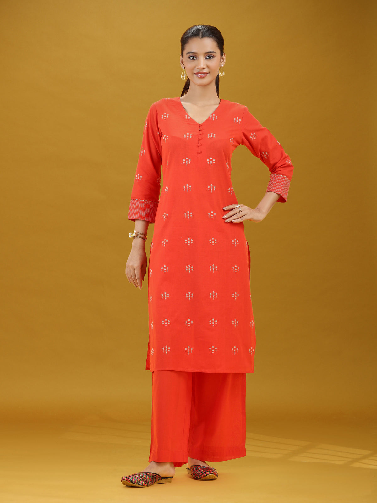 Orange Printed Pure Cotton Straight Kurta & Wide Leg Pants Co-Ord Set