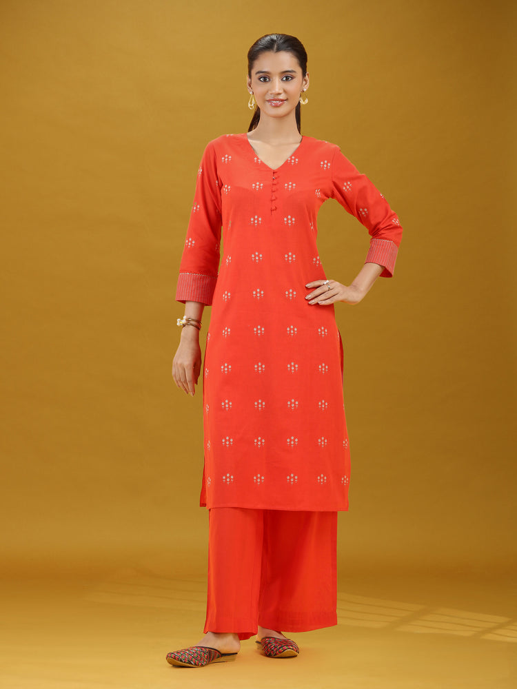 Orange Printed Pure Cotton Straight Kurta & Wide Leg Pants Co-Ord Set