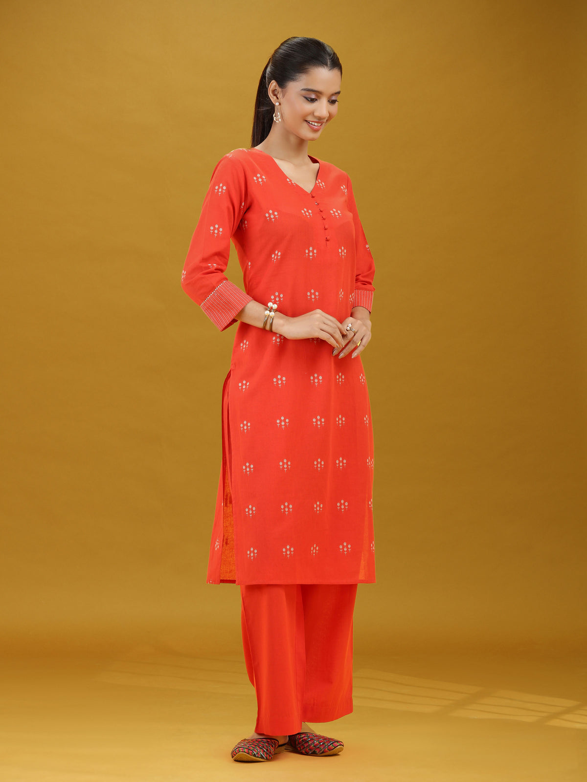 Orange Printed Pure Cotton Straight Kurta & Wide Leg Pants Co-Ord Set