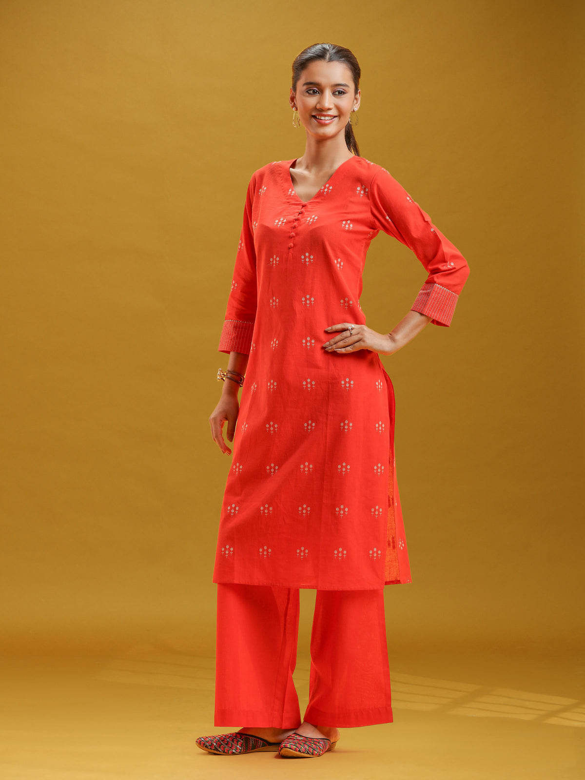 Orange Printed Pure Cotton Straight Kurta & Wide Leg Pants Co-Ord Set