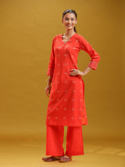 Orange Printed Pure Cotton Straight Kurta & Wide Leg Pants Co-Ord Set