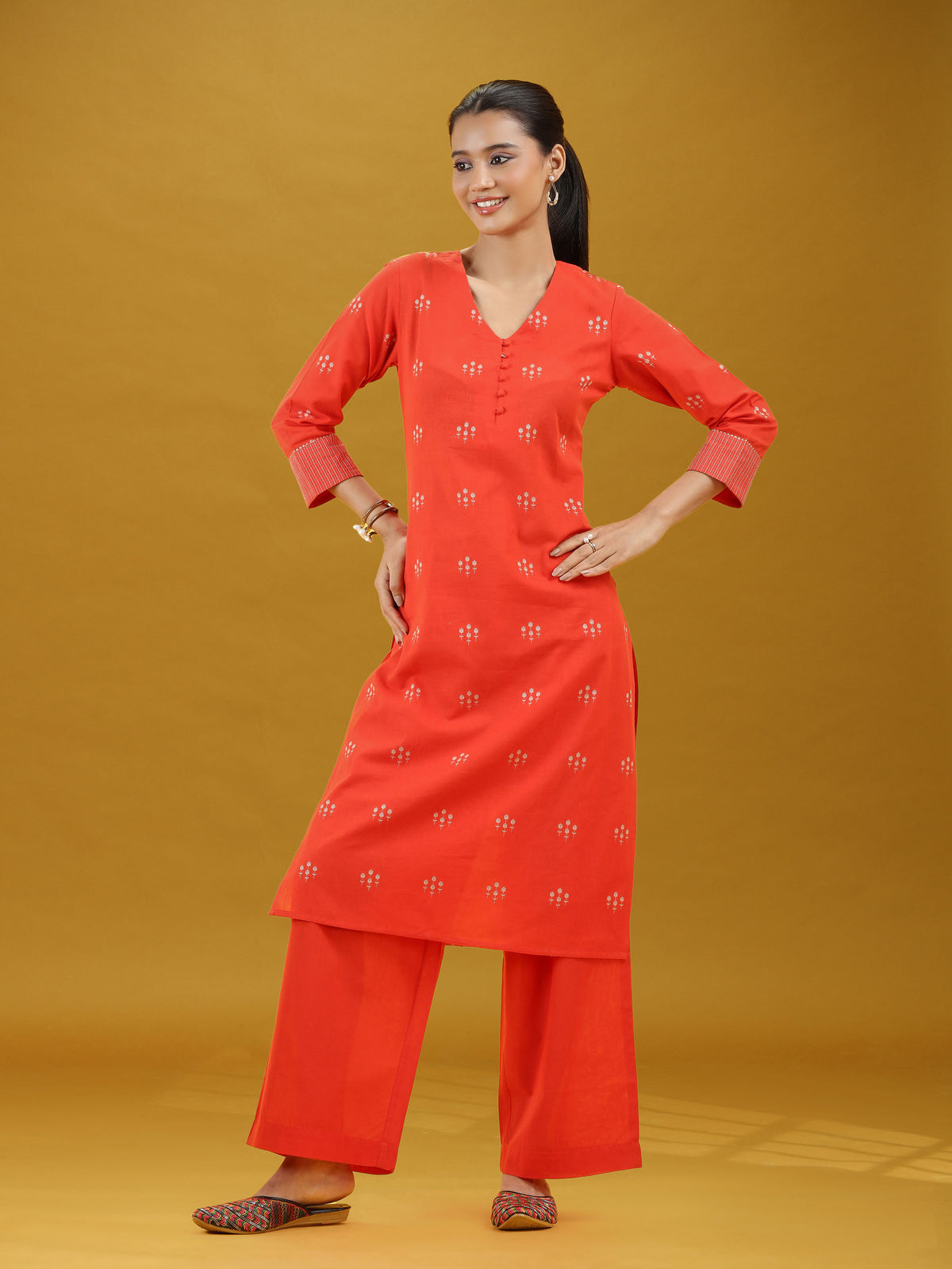 Orange Printed Pure Cotton Straight Kurta & Wide Leg Pants Co-Ord Set