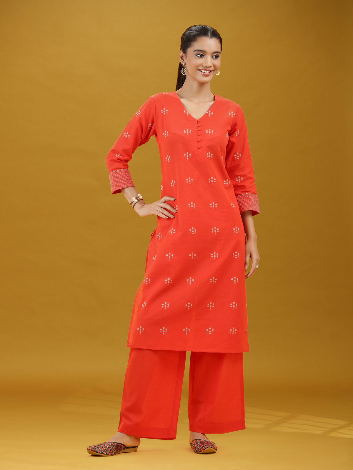 Orange Printed Pure Cotton Straight Kurta & Wide Leg Pants Co-Ord Set
