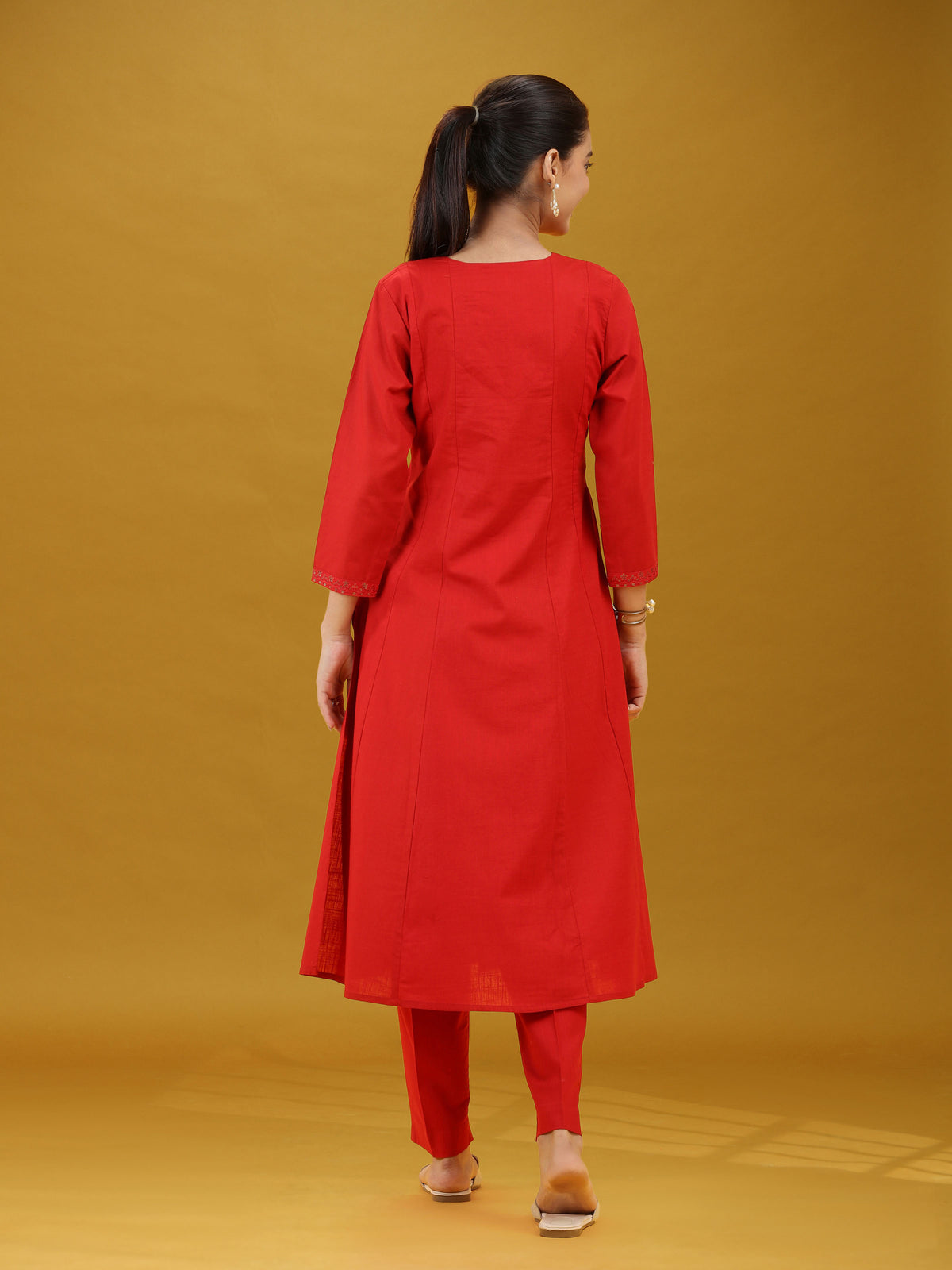 Elegant Red Embroidered Straight Pure Cotton Co-Ord Set