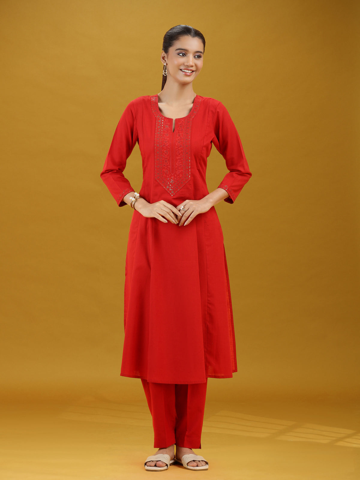 Elegant Red Embroidered Straight Pure Cotton Co-Ord Set