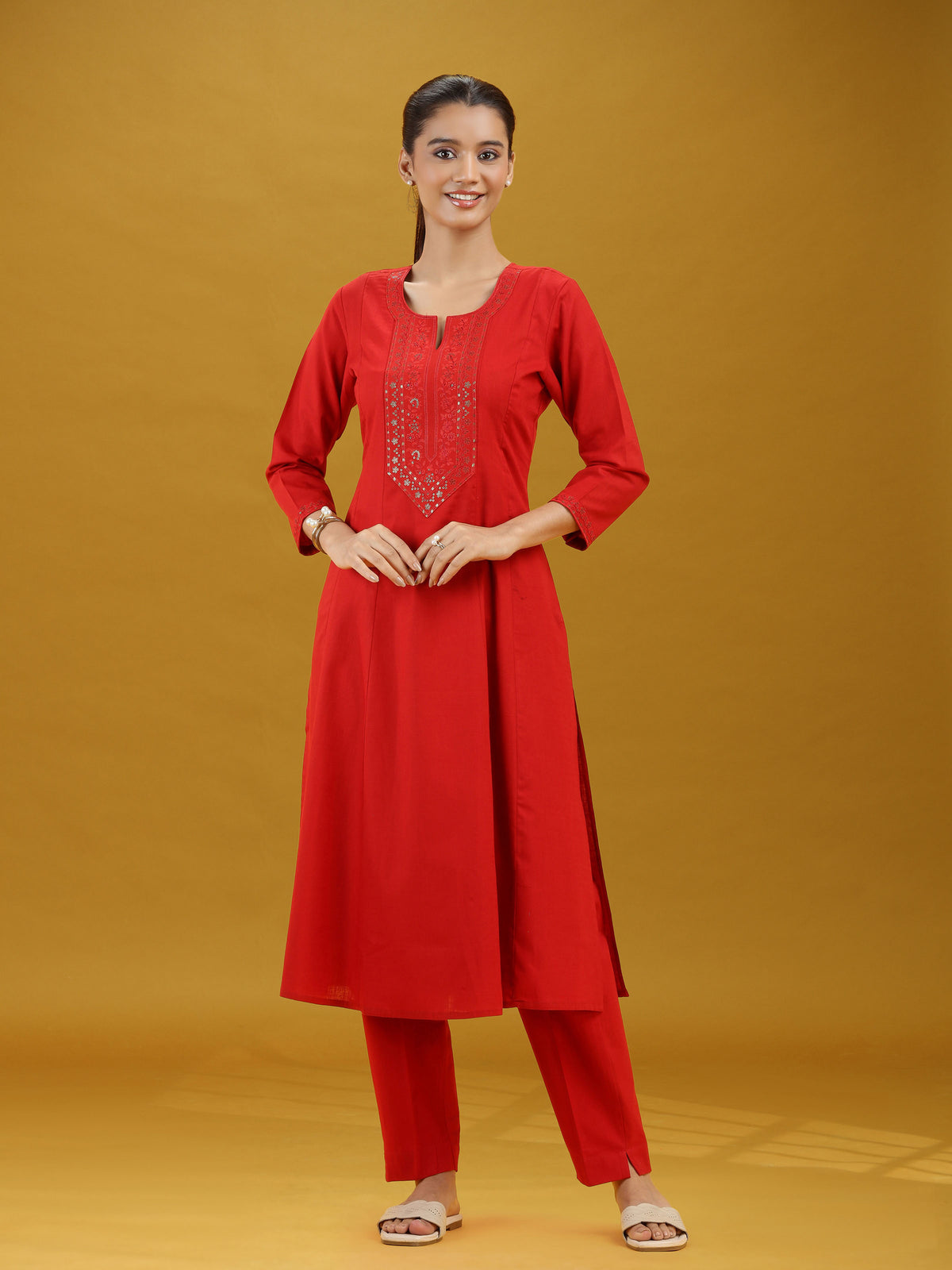 Elegant Red Embroidered Straight Pure Cotton Co-Ord Set