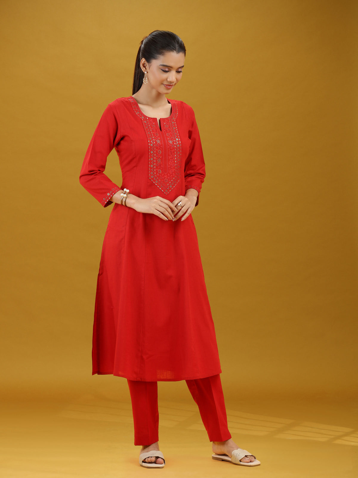 Elegant Red Embroidered Straight Pure Cotton Co-Ord Set