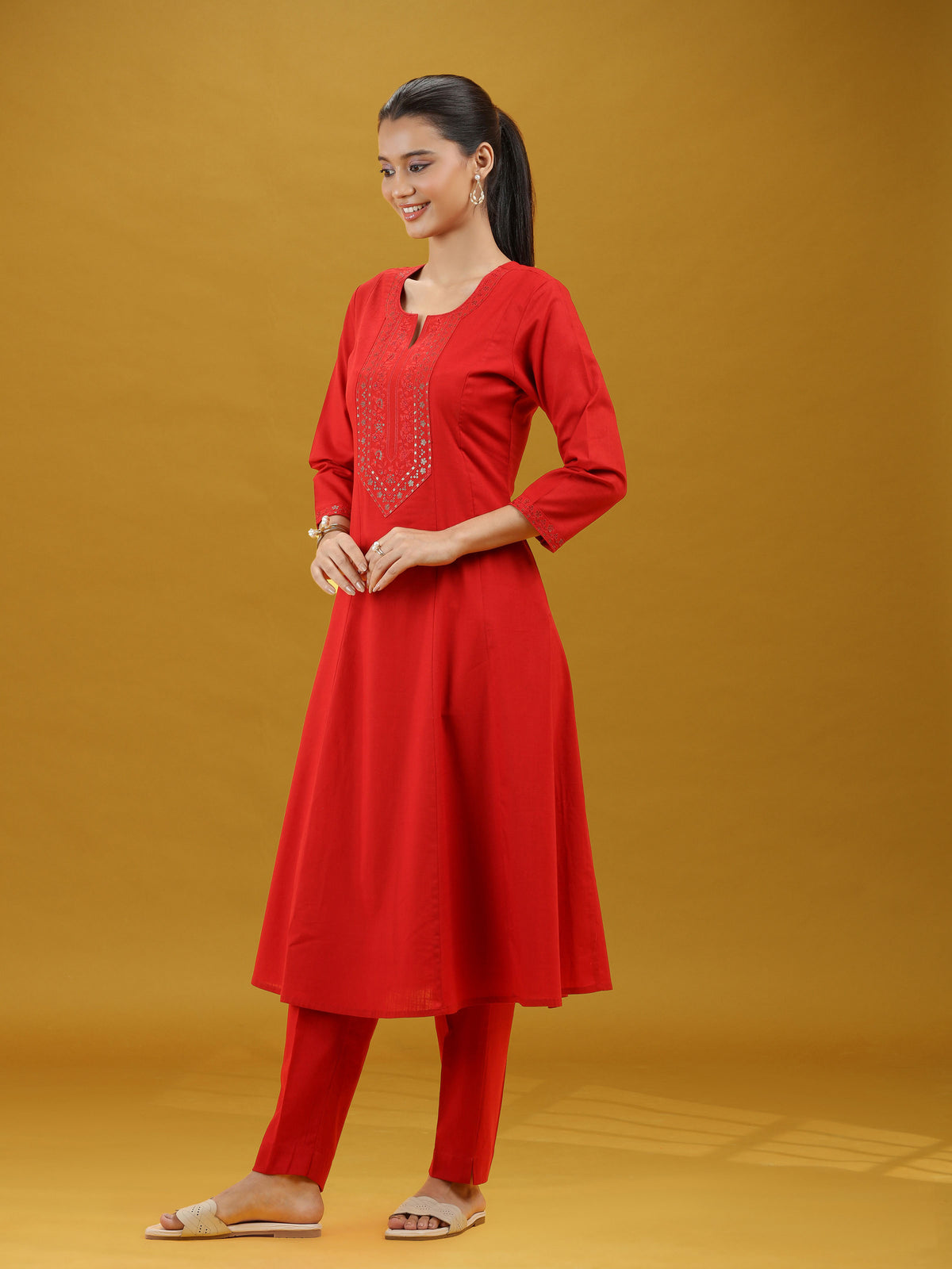 Elegant Red Embroidered Straight Pure Cotton Co-Ord Set