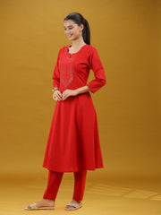 Elegant Red Embroidered Straight Pure Cotton Co-Ord Set