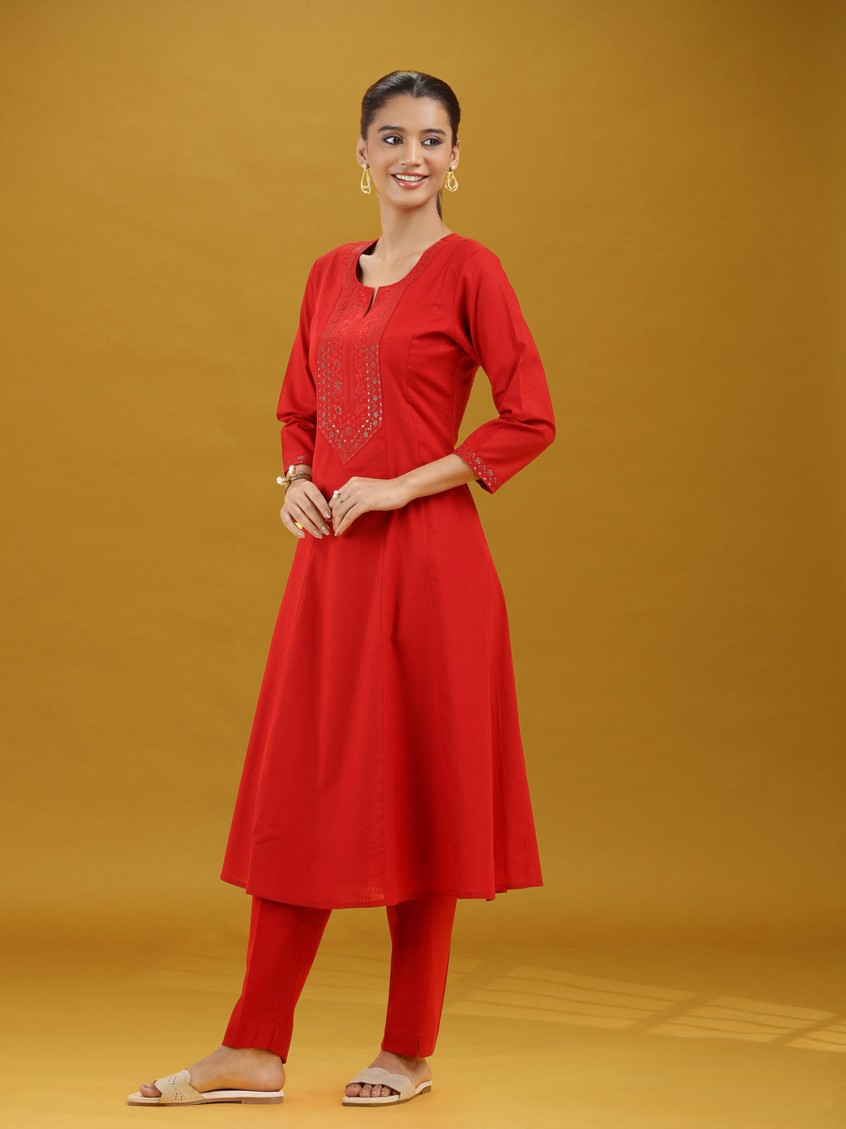 Elegant Red Embroidered Straight Pure Cotton Co-Ord Set