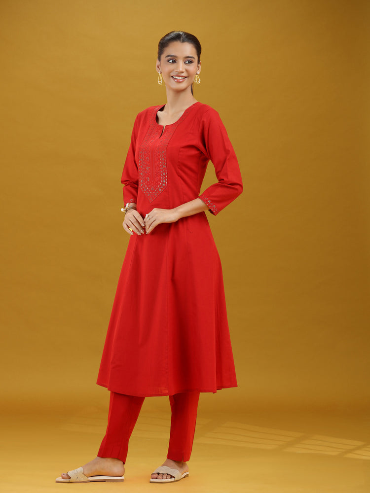 Elegant Red Embroidered Straight Pure Cotton Co-Ord Set