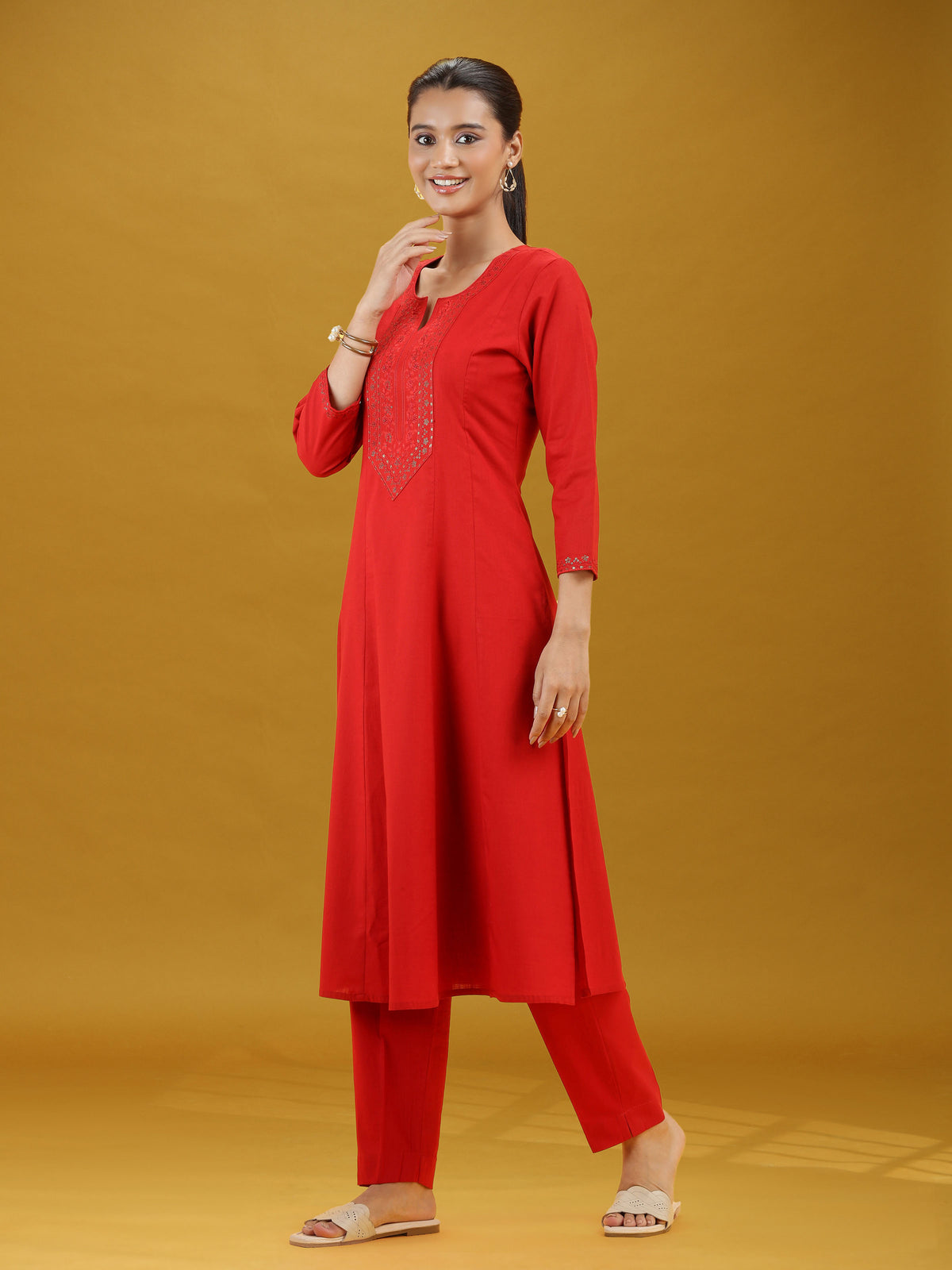 Elegant Red Embroidered Straight Pure Cotton Co-Ord Set