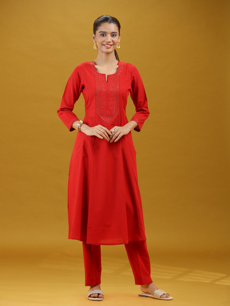 Elegant Red Embroidered Straight Pure Cotton Co-Ord Set
