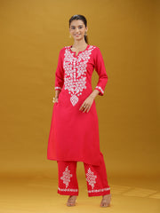 Pink Floral Printed Detailed Embroidered Co-Ord Set