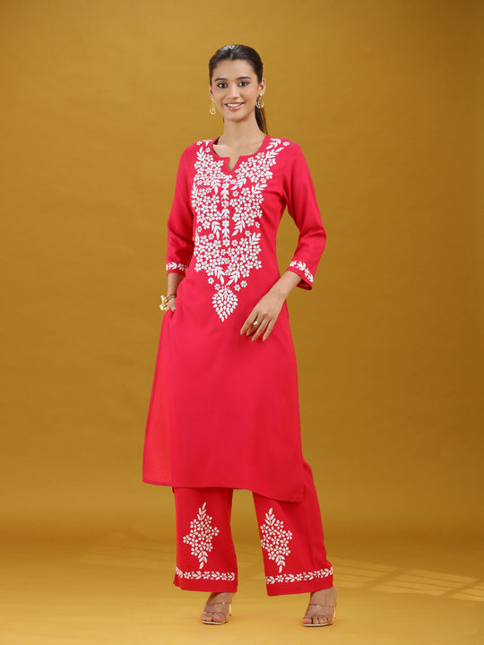 Pink Floral Printed Detailed Embroidered Co-Ord Set