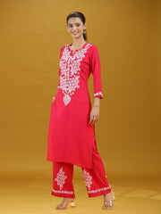 Pink Floral Printed Detailed Embroidered Co-Ord Set