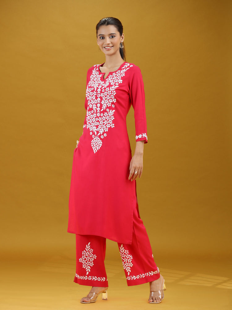 Pink Floral Printed Detailed Embroidered Co-Ord Set