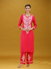 Pink Floral Printed Detailed Embroidered Co-Ord Set