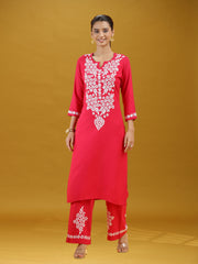 Pink Floral Printed Detailed Embroidered Co-Ord Set