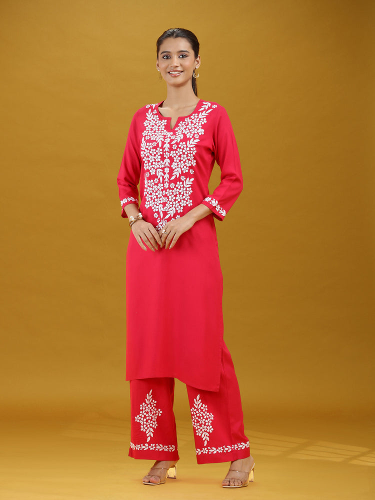 Pink Floral Printed Detailed Embroidered Co-Ord Set