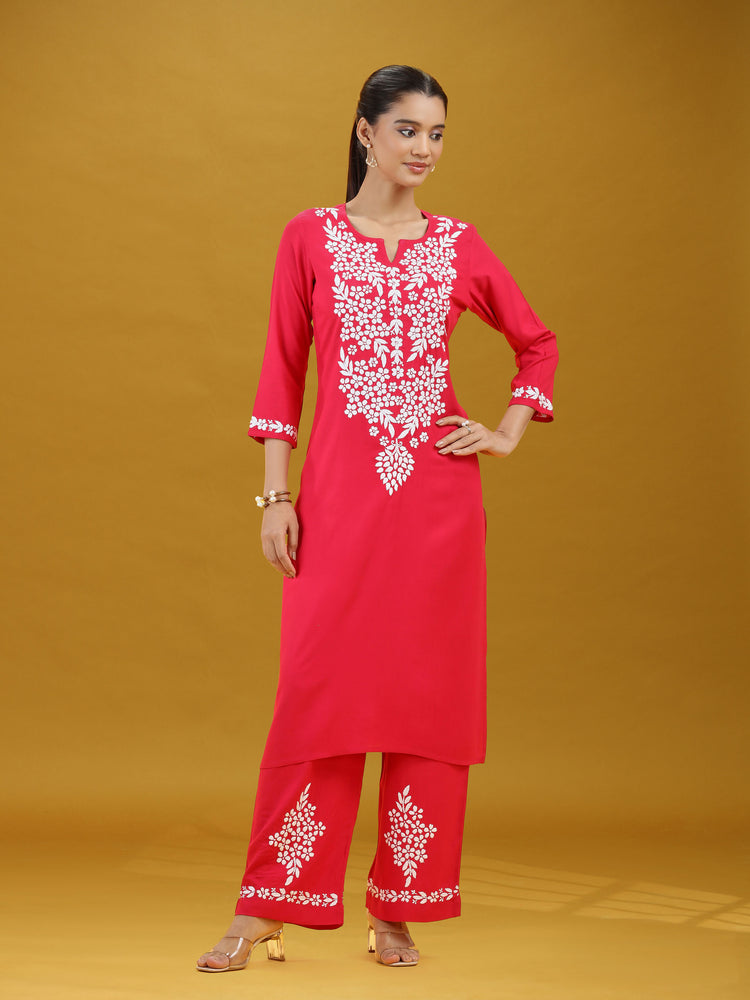 Pink Floral Printed Detailed Embroidered Co-Ord Set