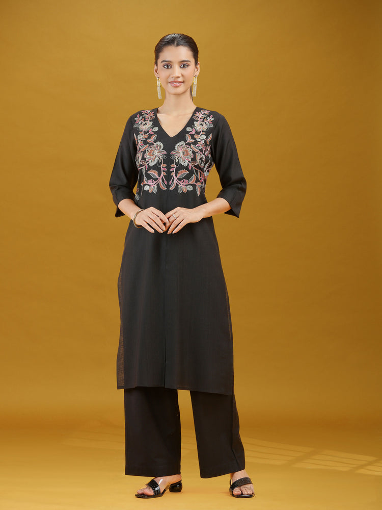 Black Floral Embroidered Kurta & Palazzo Co-Ord Set