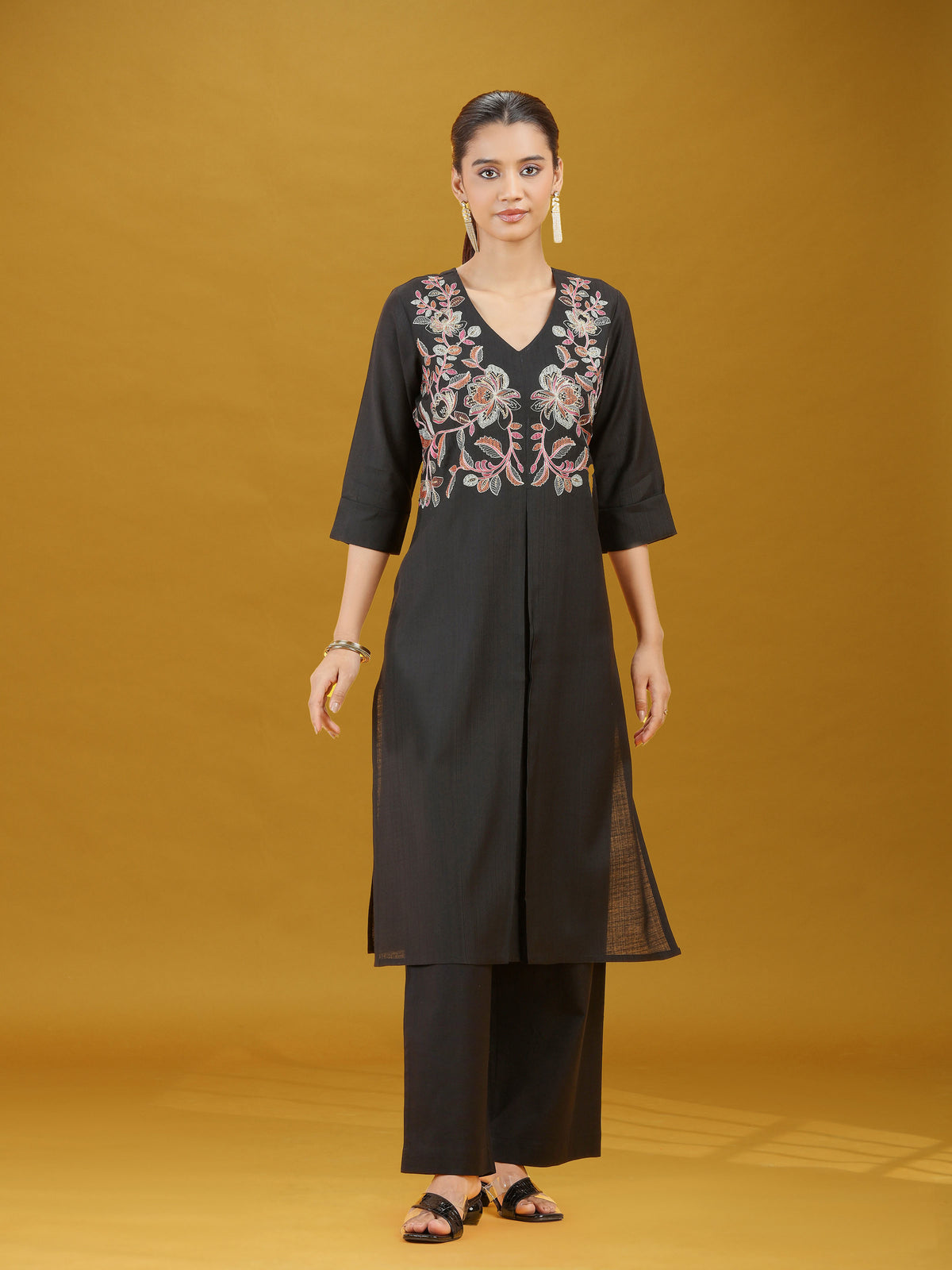 Black Floral Embroidered Kurta & Palazzo Co-Ord Set