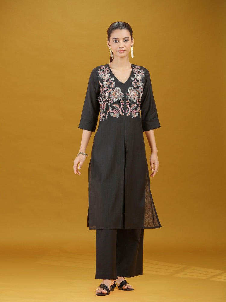 Black Floral Embroidered Kurta & Palazzo Co-Ord Set