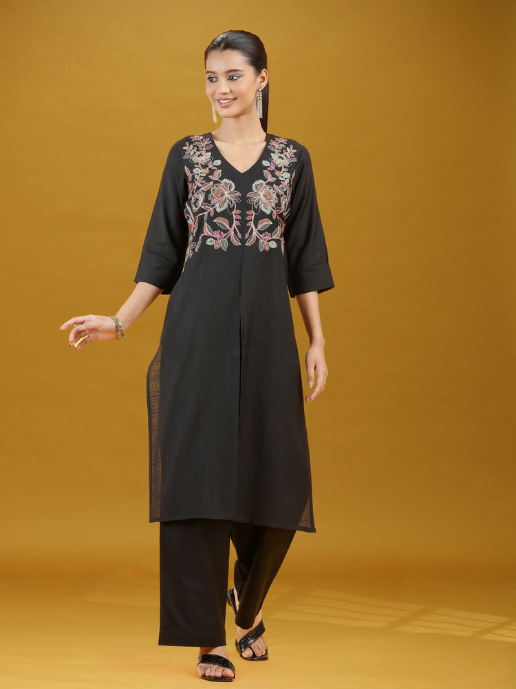 Black Floral Embroidered Kurta & Palazzo Co-Ord Set