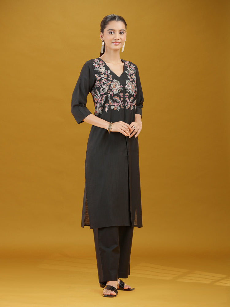 Black Floral Embroidered Kurta & Palazzo Co-Ord Set