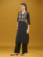 Black Floral Embroidered Kurta & Palazzo Co-Ord Set