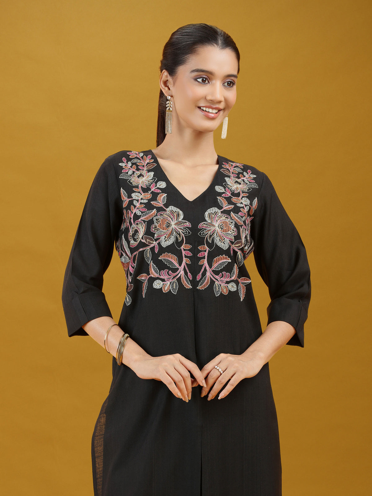 Black Floral Embroidered Kurta & Palazzo Co-Ord Set