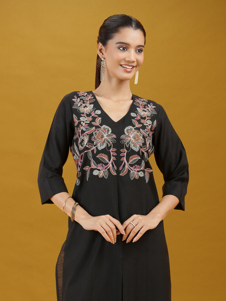 Black Floral Embroidered Kurta & Palazzo Co-Ord Set