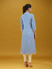 Light Blue Printed Pure Cotton A-Line Kurta Elegant V-Neck Ethnic Wear