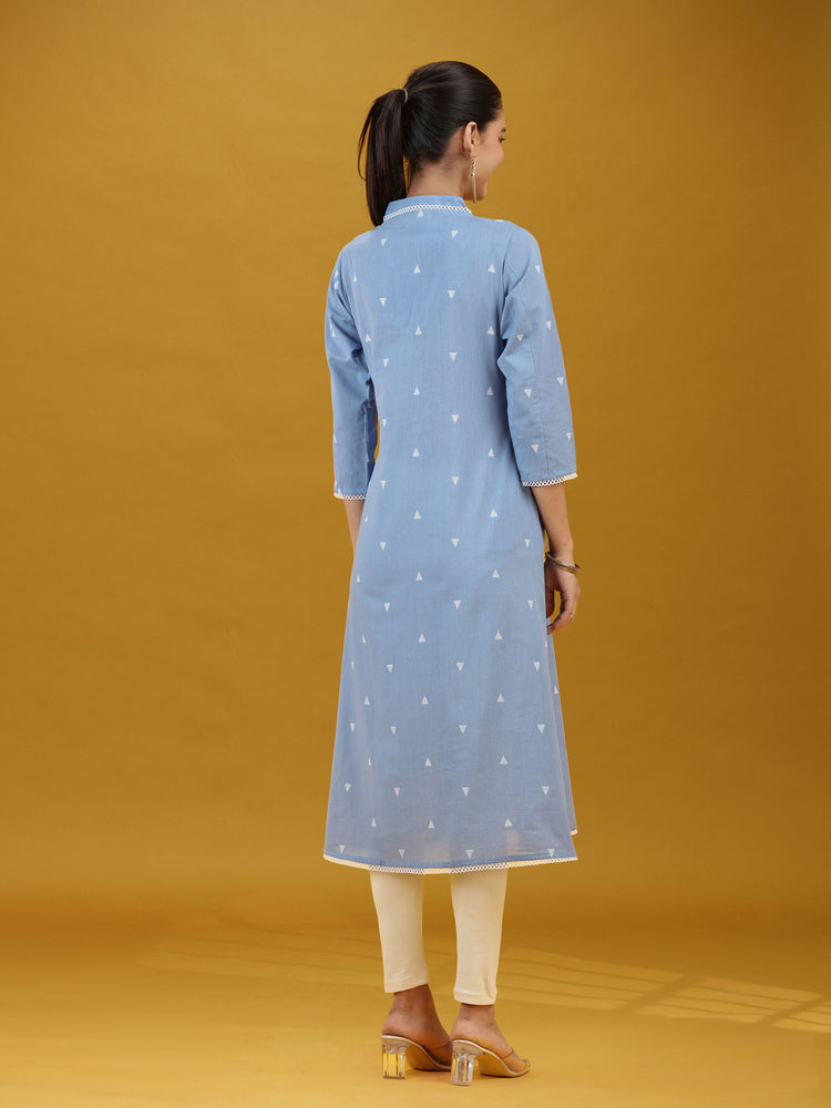 Light Blue Printed Pure Cotton A-Line Kurta Elegant V-Neck Ethnic Wear