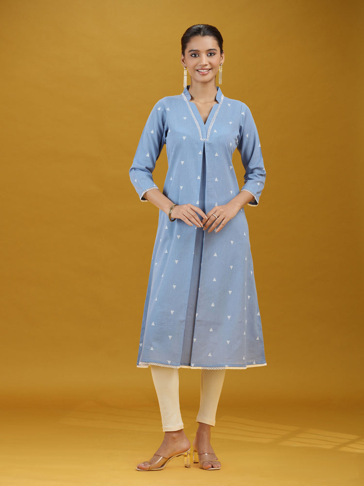 Light Blue Printed Pure Cotton A-Line Kurta Elegant V-Neck Ethnic Wear