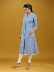 Light Blue Printed Pure Cotton A-Line Kurta Elegant V-Neck Ethnic Wear