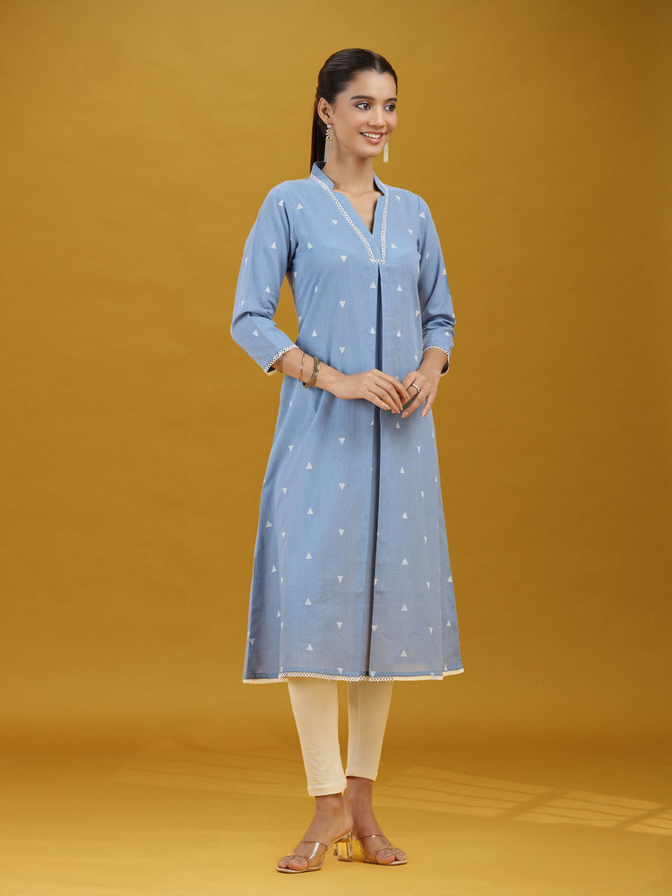 Light Blue Printed Pure Cotton A-Line Kurta Elegant V-Neck Ethnic Wear