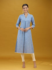 Light Blue Printed Pure Cotton A-Line Kurta Elegant V-Neck Ethnic Wear