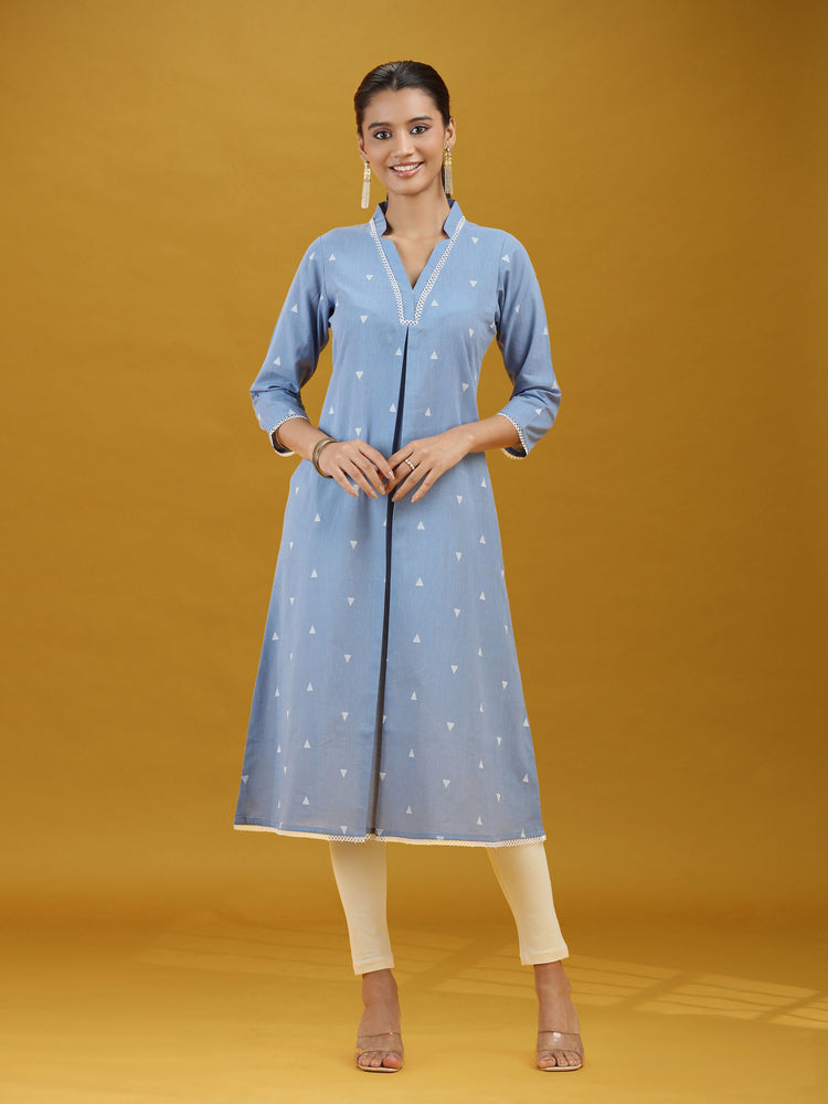 Light Blue Printed Pure Cotton A-Line Kurta Elegant V-Neck Ethnic Wear