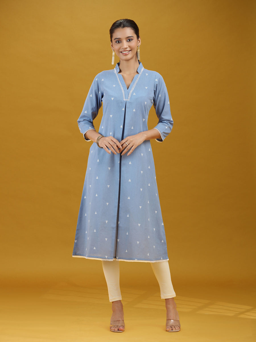 Light Blue Printed Pure Cotton A-Line Kurta Elegant V-Neck Ethnic Wear