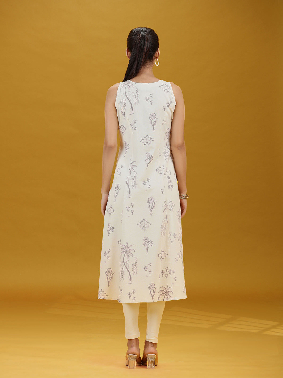 Off White Printed Pure Cotton A-Line Sleeveless Kurta Elegant Summer Ethnic Wear