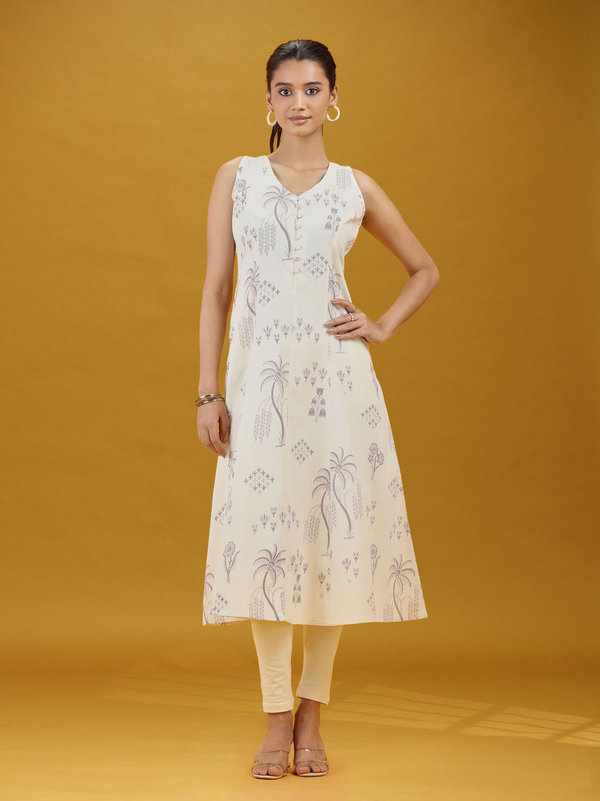 Off White Printed Pure Cotton A-Line Sleeveless Kurta Elegant Summer Ethnic Wear