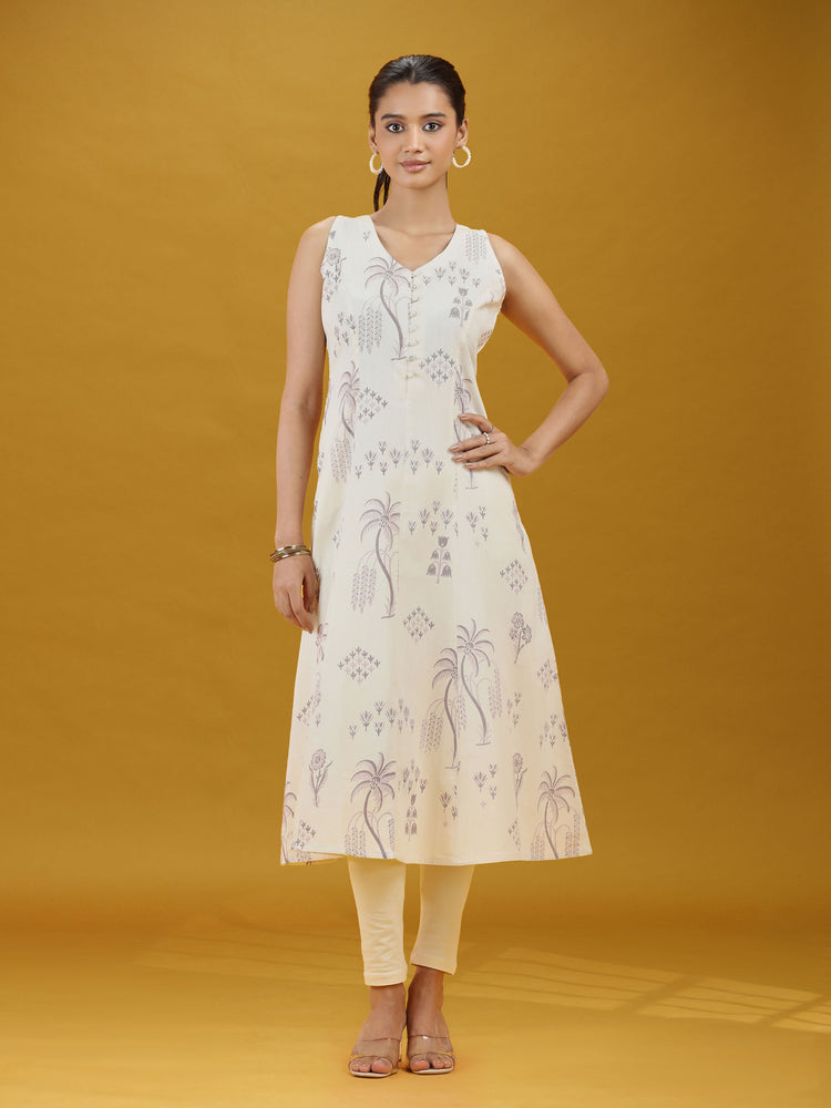 Off White Printed Pure Cotton A-Line Sleeveless Kurta Elegant Summer Ethnic Wear