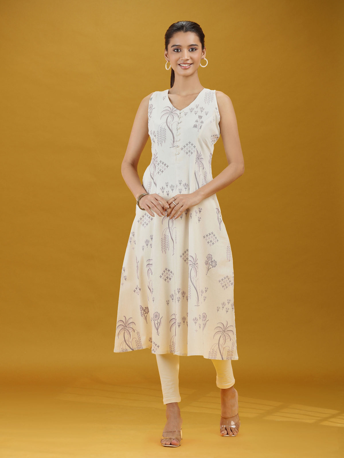 Off White Printed Pure Cotton A-Line Sleeveless Kurta Elegant Summer Ethnic Wear