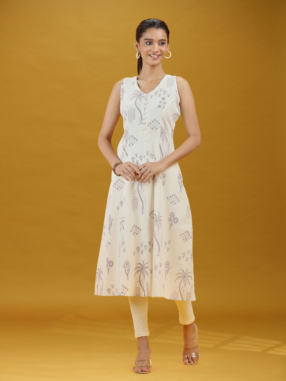 Off White Printed Pure Cotton A-Line Sleeveless Kurta Elegant Summer Ethnic Wear