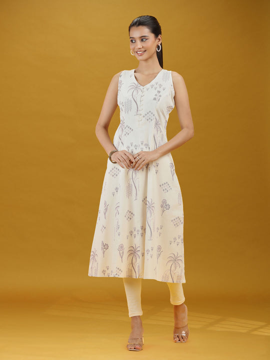 Off White Printed Pure Cotton A-Line Sleeveless Kurta Elegant Summer Ethnic Wear