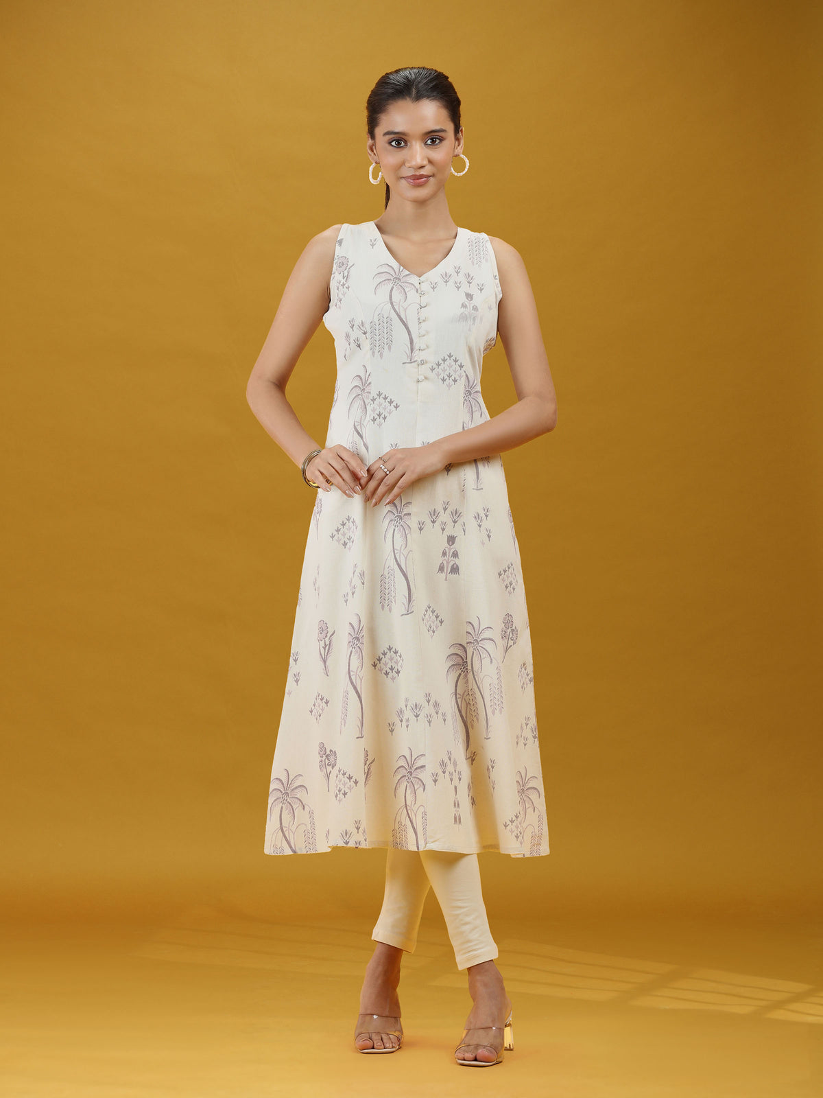 Off White Printed Pure Cotton A-Line Sleeveless Kurta Elegant Summer Ethnic Wear