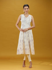 Off White Printed Pure Cotton A-Line Sleeveless Kurta Elegant Summer Ethnic Wear