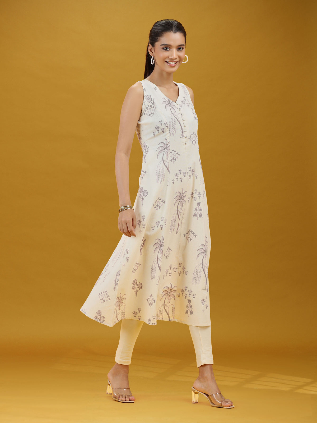 Off White Printed Pure Cotton A-Line Sleeveless Kurta Elegant Summer Ethnic Wear